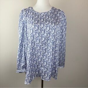 LOFT Blue White Floral Leaf Blouse‎ XL NWT Lightweight Long Sleeve Top